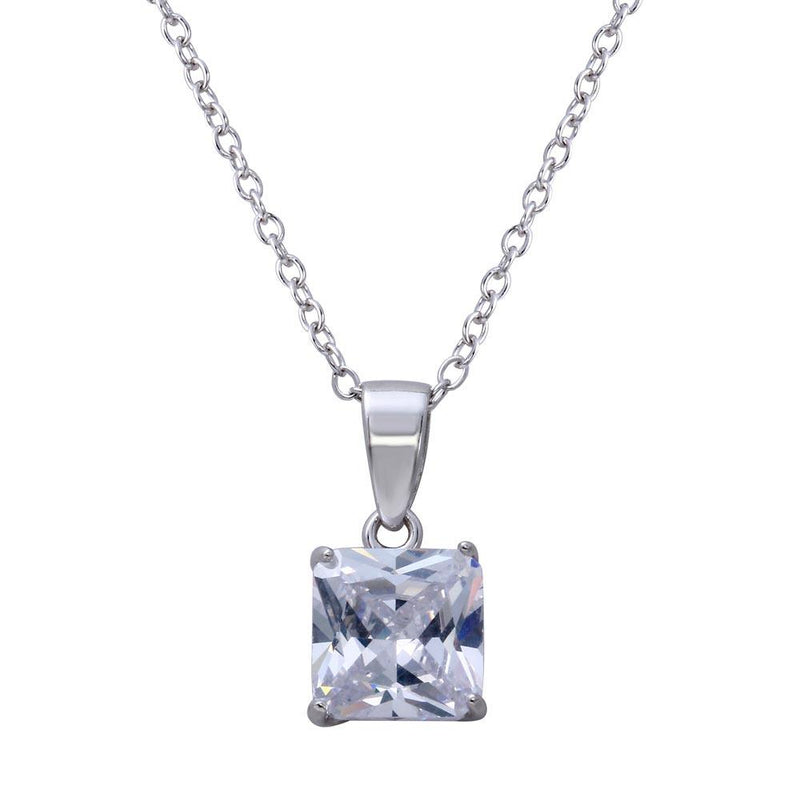 Silver 925 Rhodium Plated Clear Square CZ Stone Pendant Necklace - STP01630RH | Silver Palace Inc.