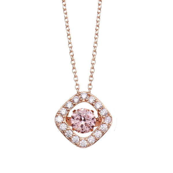 Silver 925 Rose Gold Plated Open Square Pendant Necklace with Dancing Pink CZ Stone - STP01633RGP | Silver Palace Inc.