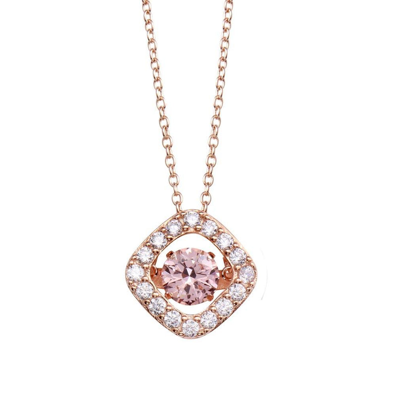 Silver 925 Rose Gold Plated Open Square Pendant Necklace with Dancing Pink CZ Stone - STP01633RGP | Silver Palace Inc.