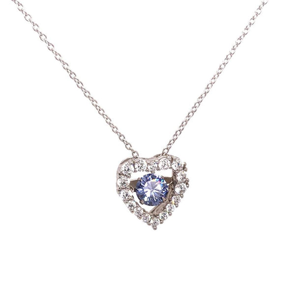 Silver 925 Rhodium Plated Open Heart CZ Pendant Necklace with Dancing CZ - STP01634BLU | Silver Palace Inc.