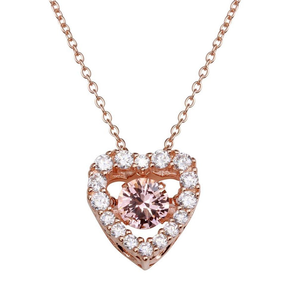Silver 925 Rose Gold Plated Open Heart CZ Pendant Necklace with Dancing CZ - STP01634RGP | Silver Palace Inc.
