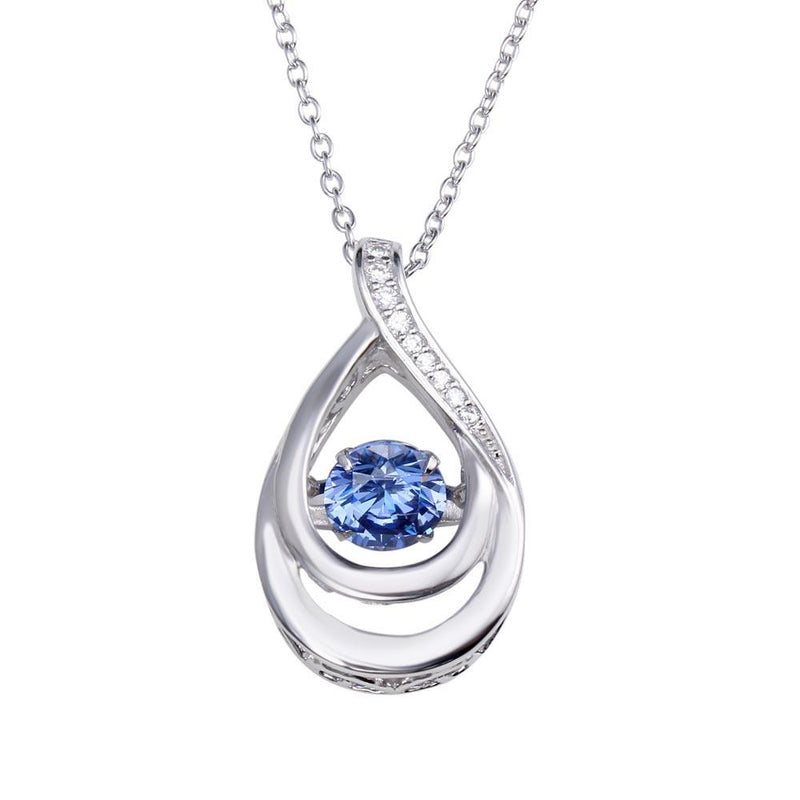 Silver 925 Rhodium Plated Open Teardrop Necklace with Blue Dancing CZ - STP01635BLU | Silver Palace Inc.