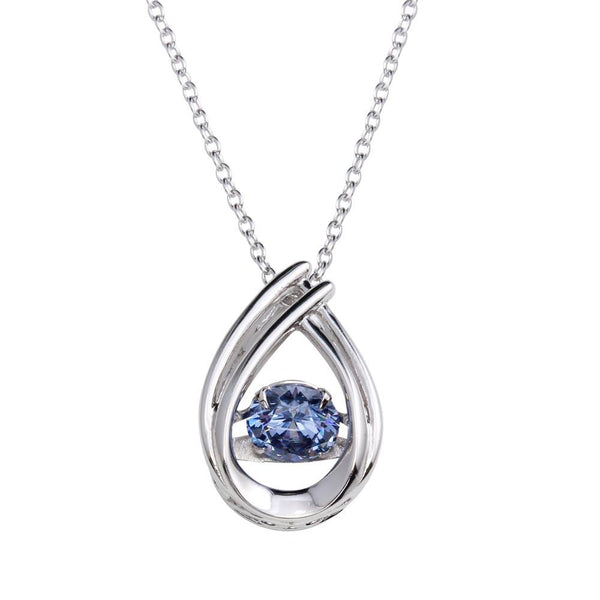 Silver 925 Rhodium Plated Open Teardrop Pendant Necklace with Dancing Blue CZ - STP01637BLU | Silver Palace Inc.