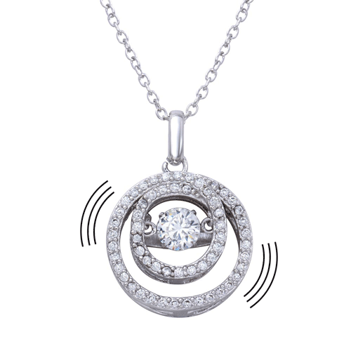 Silver 925 Rhodium Double Open Circle Pendant Necklace with Dancing CZ - STP01638 | Silver Palace Inc.