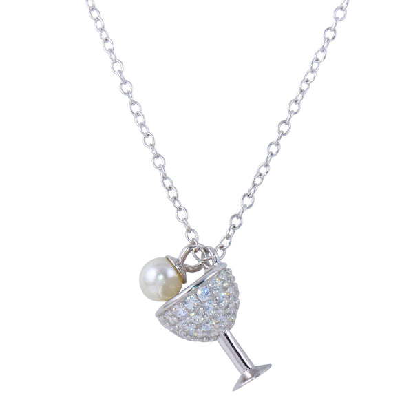 Silver 925 Rhodium Plated Wine Glass Pendant Necklace with CZ and Synthetic Pearl - STP01654 | Silver Palace Inc.