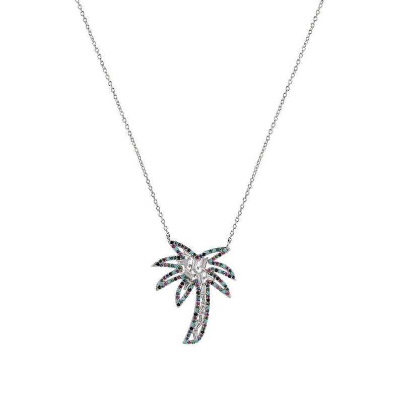 Silver 925 Rhodium Plated Multi Color CZ Palm Tree Necklace - STP01655 | Silver Palace Inc.