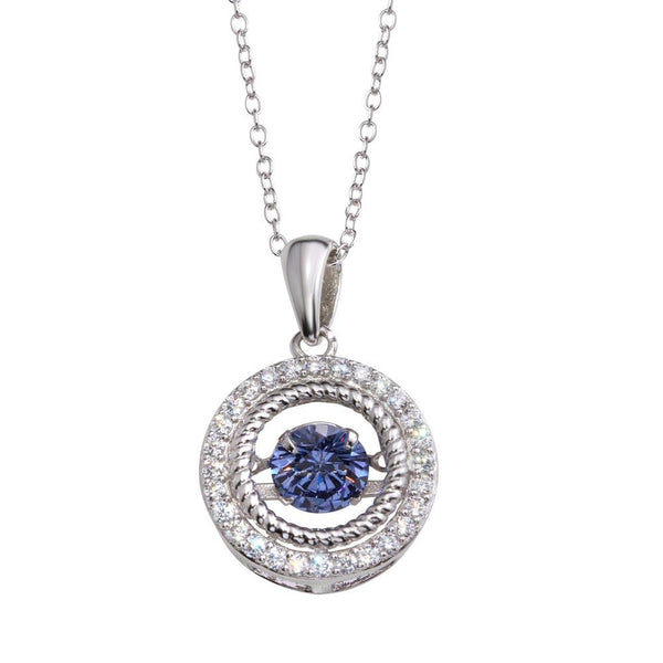Silver 925 Rhodium Plated Open Pendant Necklace with Blue Dancing CZ - STP01660BLU | Silver Palace Inc.