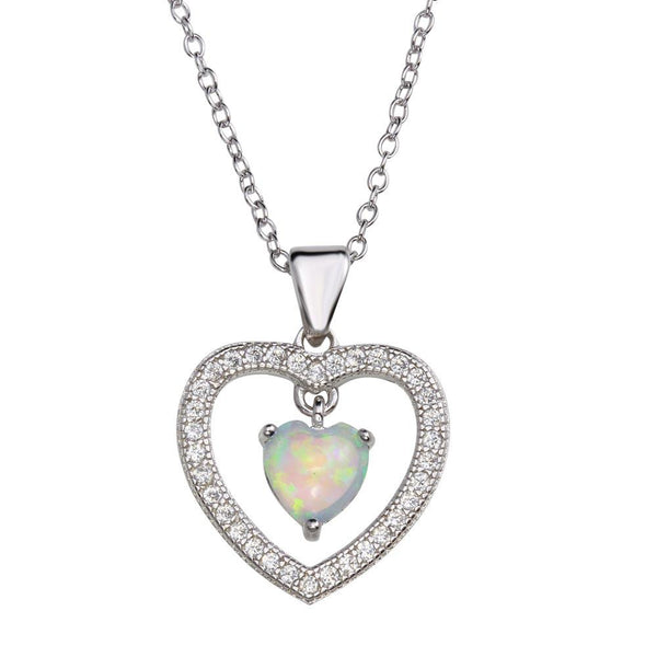 Silver 925 Rhodium Plated Open Heart Pendant Necklace with Synthetic Opal and CZ - STP01679RH | Silver Palace Inc.
