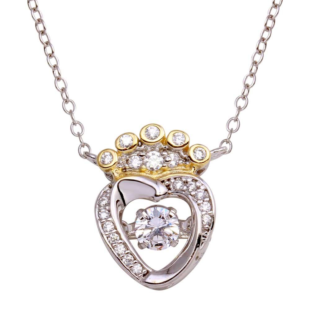 Two-Tone 925 Sterling Silver Crown Heart Dancing CZ Necklace