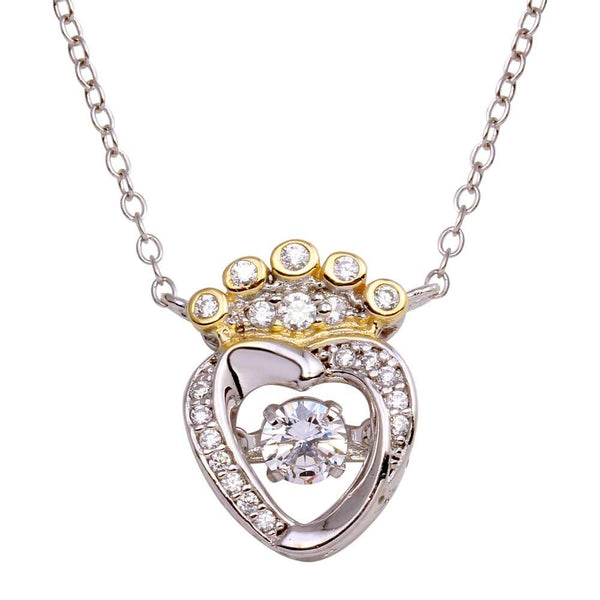 Silver 925 2 Toned Crown Heart Dancing CZ Necklace - STP01696 | Silver Palace Inc.