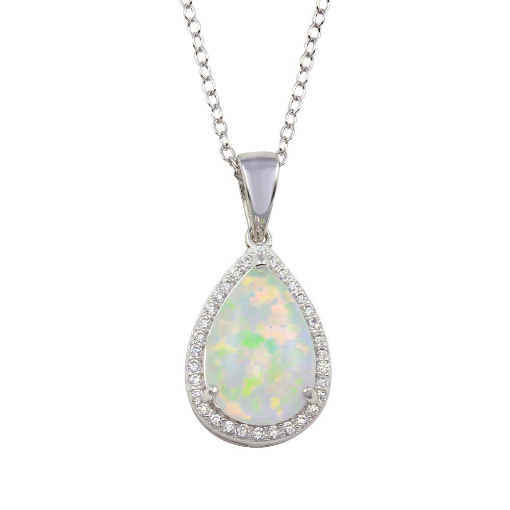 Rhodium Plated 925 Sterling Silver Teardrop Synthetic Opal Pendant