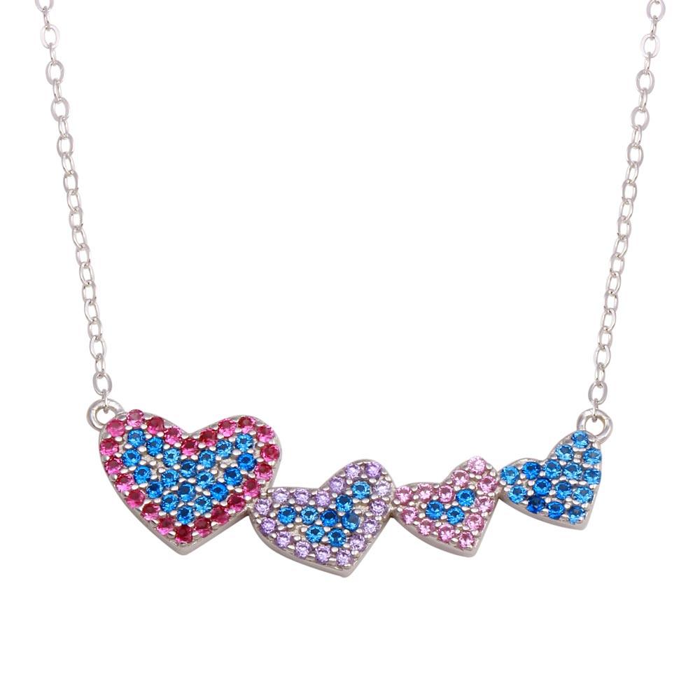 Silver 925 Rhodium Plated Rainbow Multi Color CZ 4 Hearts Necklace - STP01733 | Silver Palace Inc.