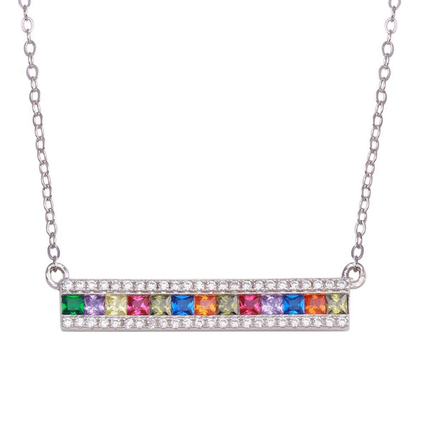 Silver 925 Rhodium Plated Rainbow Multi Color CZ Bar Necklace - STP01740 | Silver Palace Inc.
