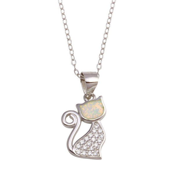 Silver 925 Rhodium Plated CZ Opal Cat Necklace - STP01746 | Silver Palace Inc.