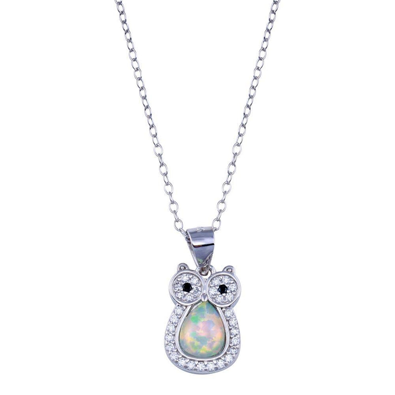 Silver 925 Rhodium Plated Owl Synthetic Opal Necklace with CZ - STP01748 | Silver Palace Inc.