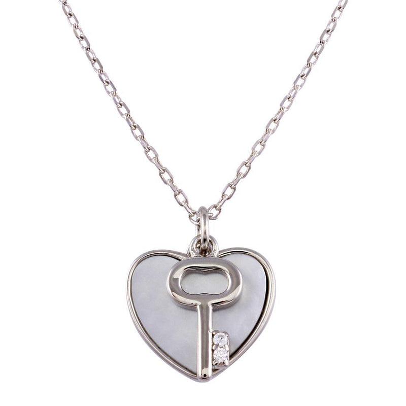 Silver 925 Rhodium Plated Key and Mother of Pearl Hearts Necklace - STP01757 | Silver Palace Inc.