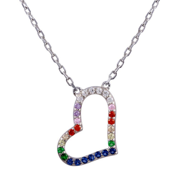 Silver 925 Rhodium Plated Open Heart Multi Color CZ Necklace - STP01760 | Silver Palace Inc.