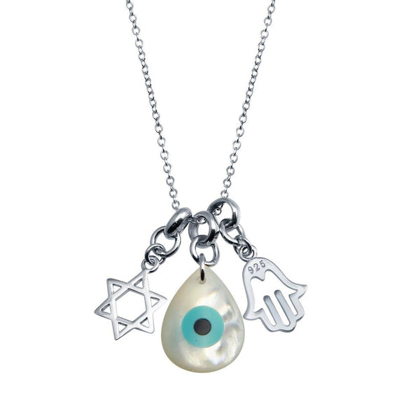 Silver 925 Rhodium Plated Hamsa Hand and Evil Eye MOP Necklace - STP01763 | Silver Palace Inc.