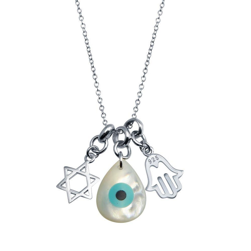 Rhodium Plated 925 Sterling Silver Hamsa Hand and Evil Eye MOP Necklace - STP01763 | Silver Palace Inc.