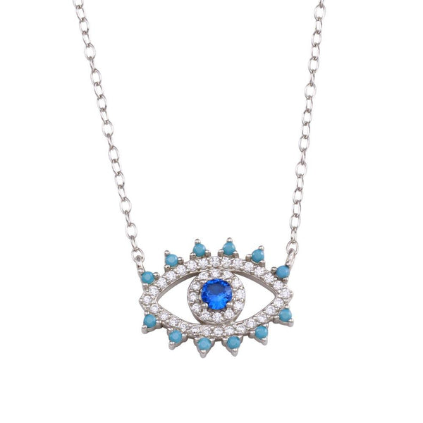 925 Sterling Silver Evil Eye Pendant Necklace With Blue CZ Stone - 18 Inch Chain, Luck Charm