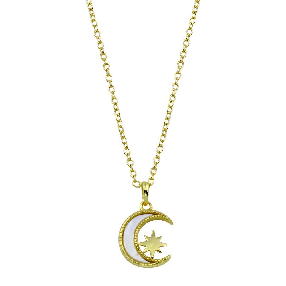 Silver 925 Gold Plated CZ Synthetic Mother of Pearl Star and Crescent Moon Necklace - STP01773GP | Silver Palace Inc.