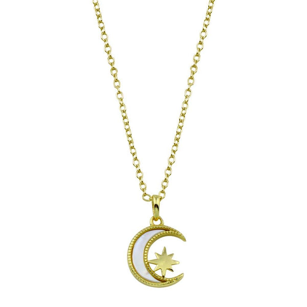 Silver 925 Gold Plated CZ Synthetic Mother of Pearl Star and Crescent Moon Necklace - STP01773GP | Silver Palace Inc.