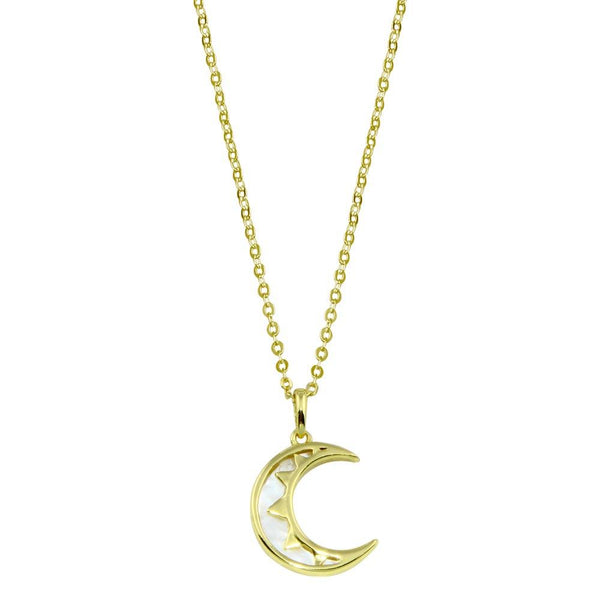 Silver 925 Gold Plated CZ Synthetic Mother of Pearl Crescent Moon Necklace - STP01775GP | Silver Palace Inc.