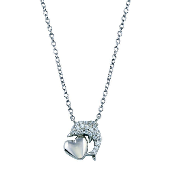 Silver 925 Rhodium Plated CZ Dolphin Necklace With Heart - STP01778 | Silver Palace Inc.