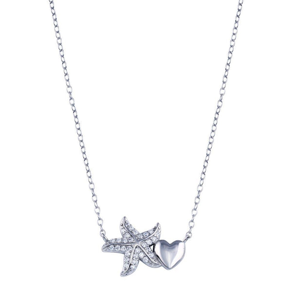 Rhodium Plated 925 Sterling Silver Starfish Heart CZ Necklace - STP01782 | Silver Palace Inc.