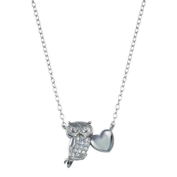 Rhodium Plated 925 Sterling Silver Owl Heart Necklace - STP01787 | Silver Palace Inc.