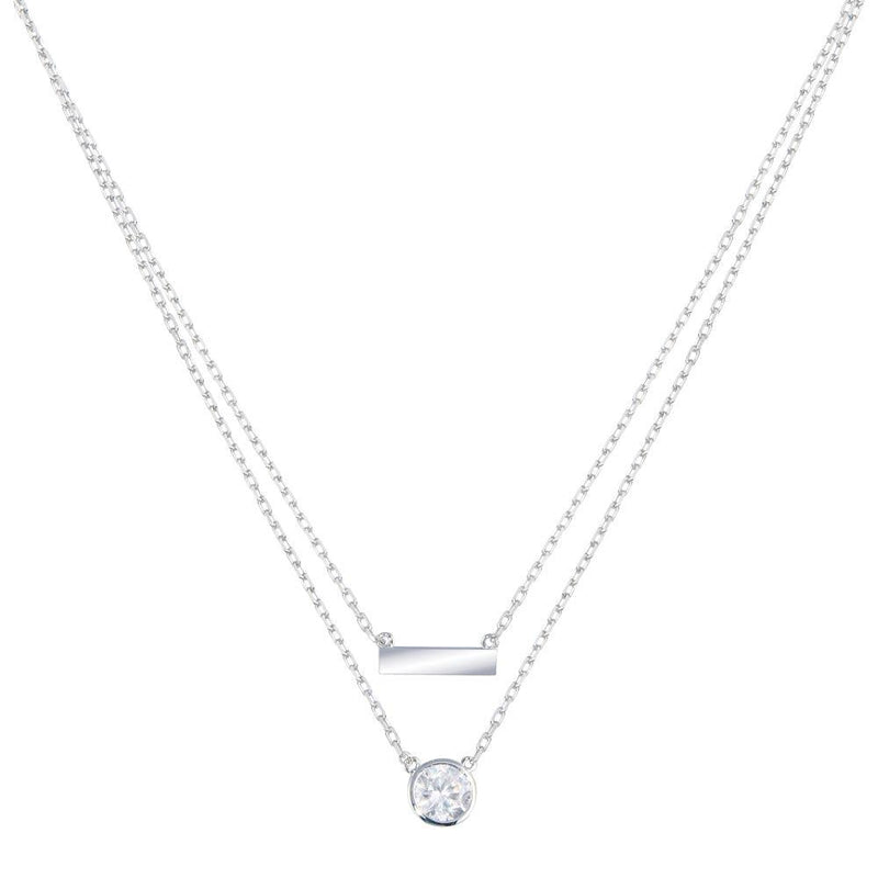 Rhodium Plated 925 Sterling Silver Double Strand CZ and Bar Necklace - STP01798 | Silver Palace Inc.
