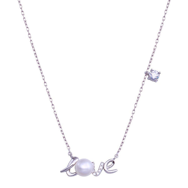 Silver 925 Rhodium Plated Love Mother of Pearl and CZ Necklace - STP01810 | Silver Palace Inc.