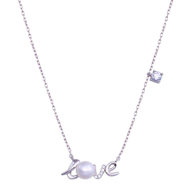 Rhodium Plated 925 Sterling Silver Love Mother of Pearl and CZ Necklace - STP01810 | Silver Palace Inc.