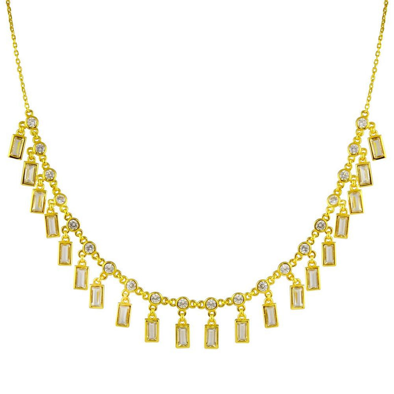 Silver 925 Gold Plated Dangling Baguette and Round CZ Necklace - STP01812GP | Silver Palace Inc.