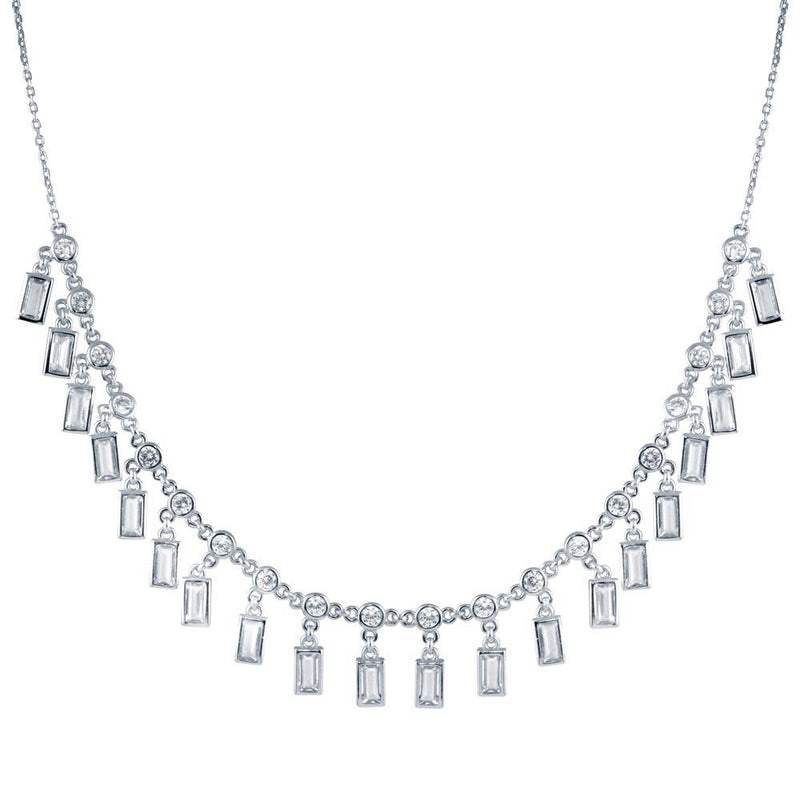 Rhodium Plated 925 Sterling Silver Dangling Baguette and Round CZ Necklace - STP01812RH | Silver Palace Inc.