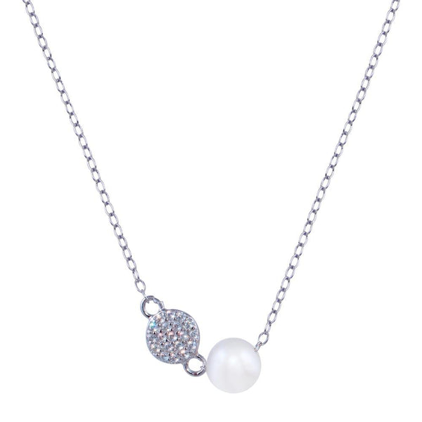 Silver 925 Rhodium Plated Fresh Water Pearl Round Charm Clear CZ Necklace - STP01815 | Silver Palace Inc.
