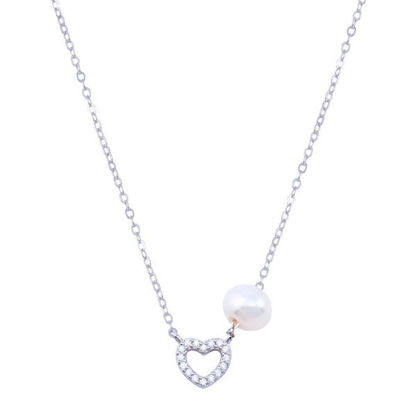 Silver 925 Rhodium Plated Fresh Water Pearl Heart Charm Clear CZ Necklace - STP01816 | Silver Palace Inc.