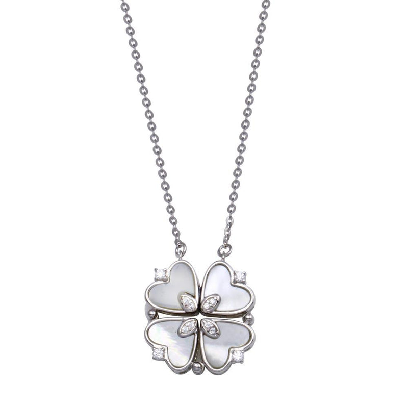 Rhodium Plated 925 Sterling Silver CZ MOP Magnetic Flower Heart Necklace - STP01826 | Silver Palace Inc.
