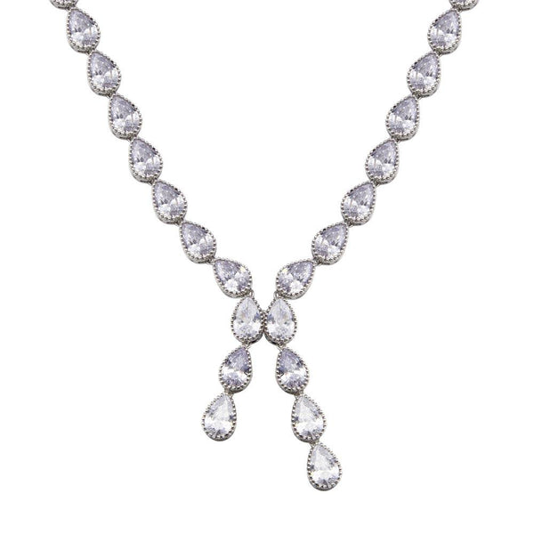 Silver 925 Rhodium Plated Teardrop Dangling Pendant Clear CZ Tennis Necklace - STP01839 | Silver Palace Inc.