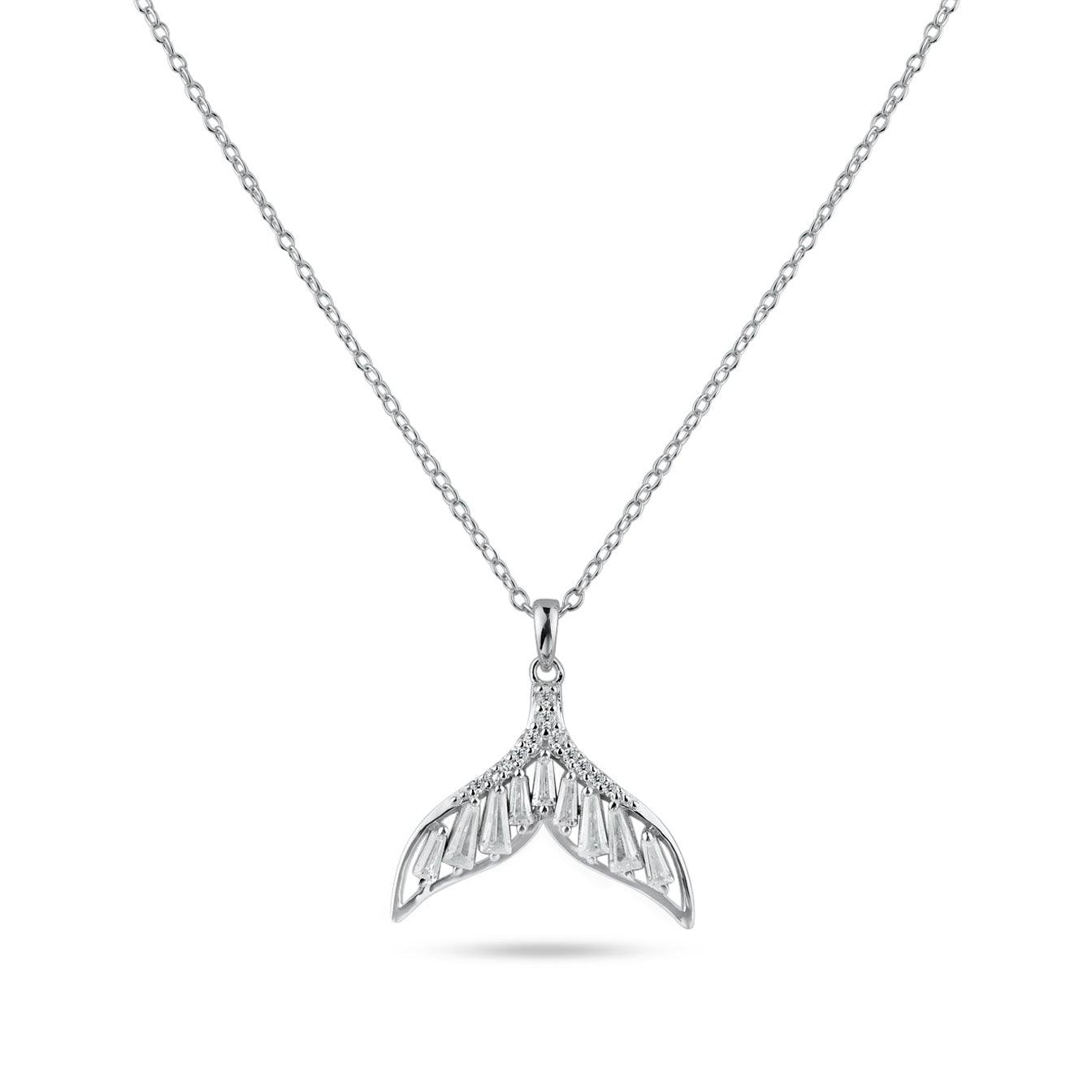Rhodium Plated 925 Sterling Silver Whale Tail Clear Baguette CZ Necklace - STP01845 | Silver Palace Inc.