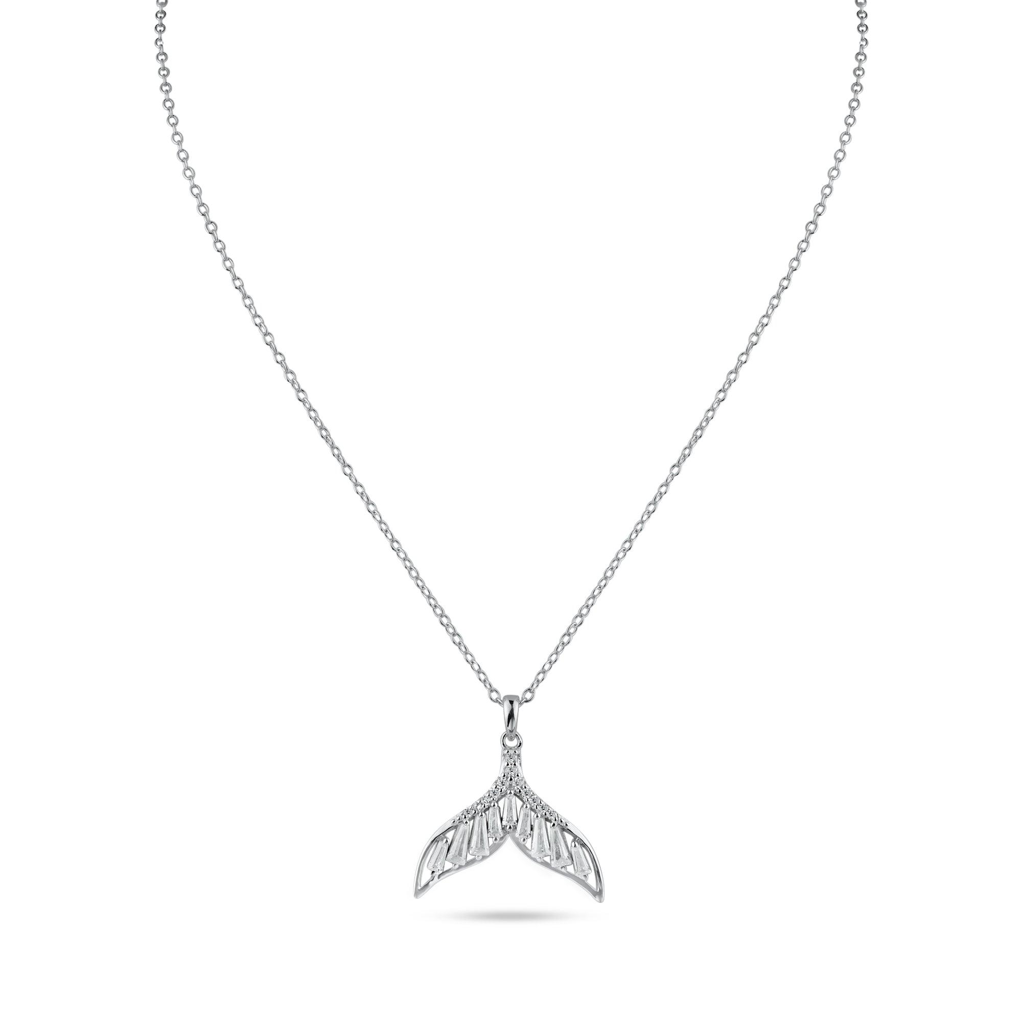 Rhodium Plated 925 Sterling Silver Whale Tail Clear Baguette CZ Necklace - STP01845 | Silver Palace Inc.