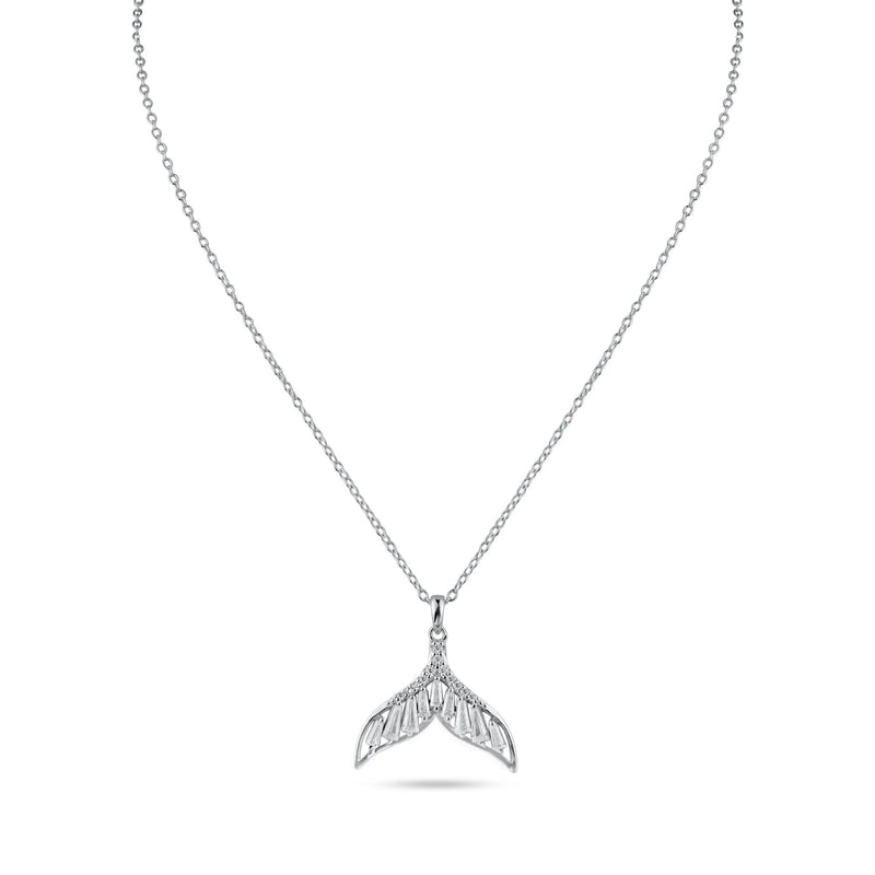 Silver 925 Rhodium Plated Whale Tail Clear Baguette CZ Necklace - STP01845 | Silver Palace Inc.