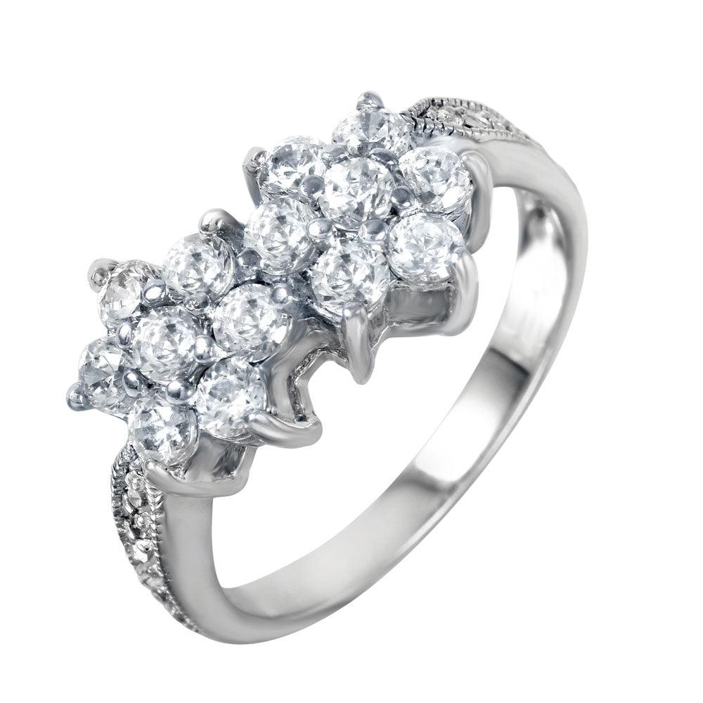 Silver 925 Rhodium Plated Double CZ Flower Ring - STR00012