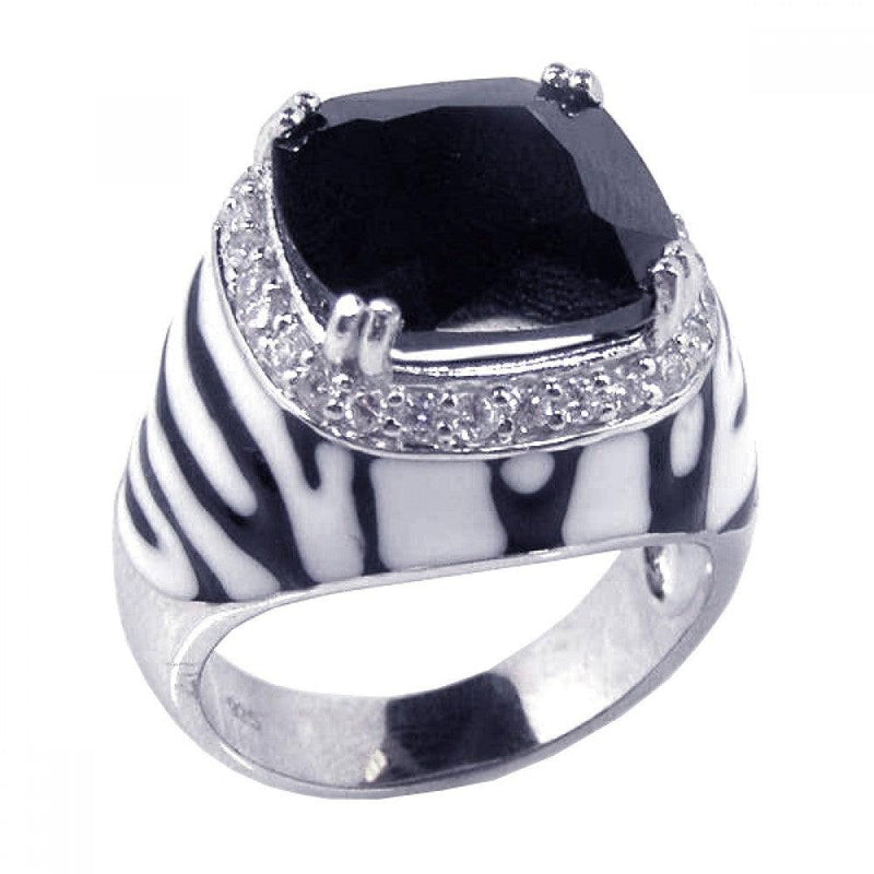 Closeout-Silver 925 Rhodium Plated Black and White Enamel Clear CZ Zebra Dome Ring - STR00380 | Silver Palace Inc.