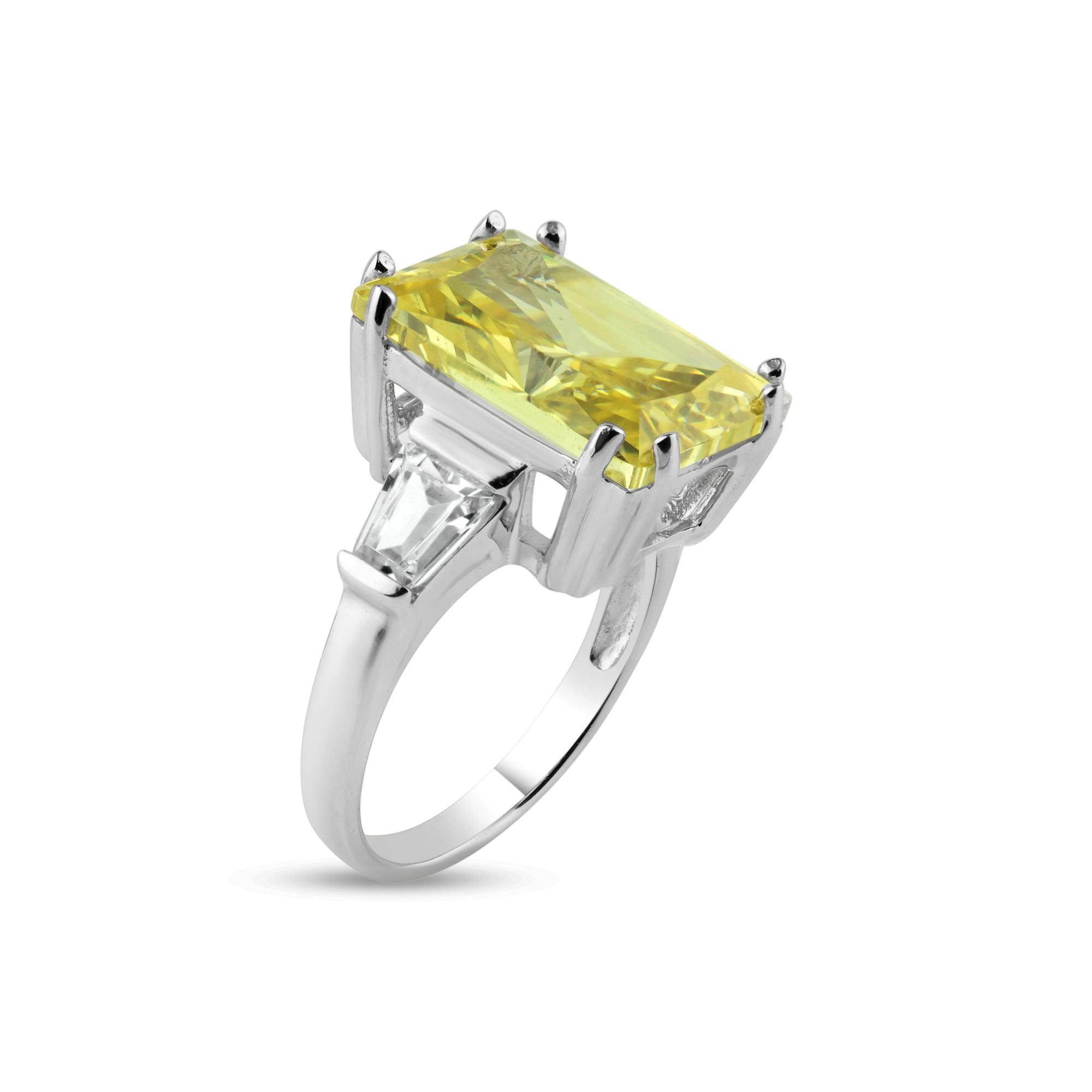 Silver 925 Rhodium Plated Rectangular Yellow Center and Clear CZ Ring - STR00453YEL | Silver Palace Inc.