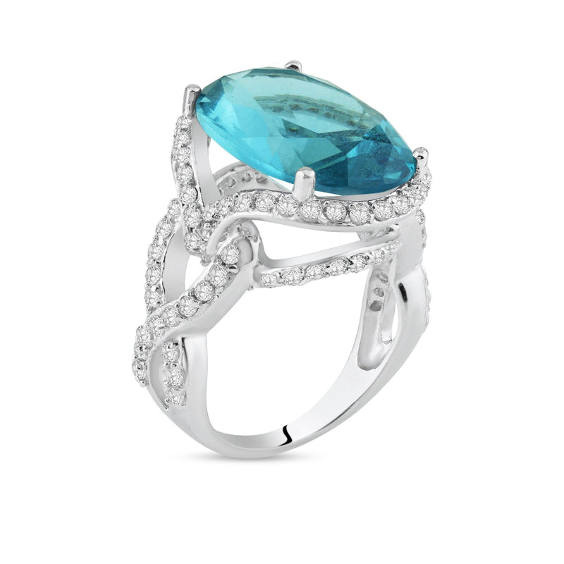 Silver 925 Rhodium Plated Blue Center and Clear CZ Ring - STR00543