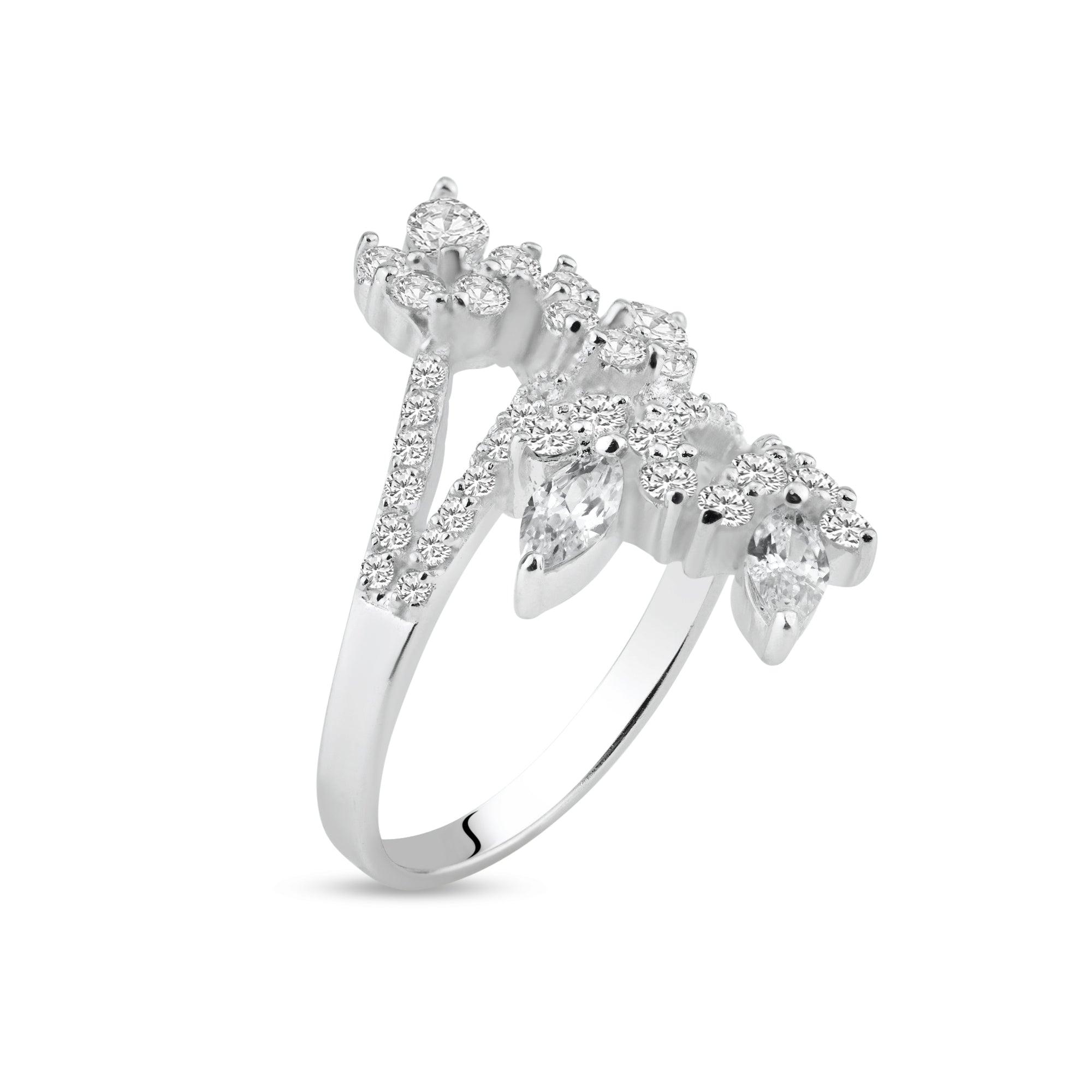 Silver 925 Rhodium Plated CZ Flower Wrap Ring - STR00546