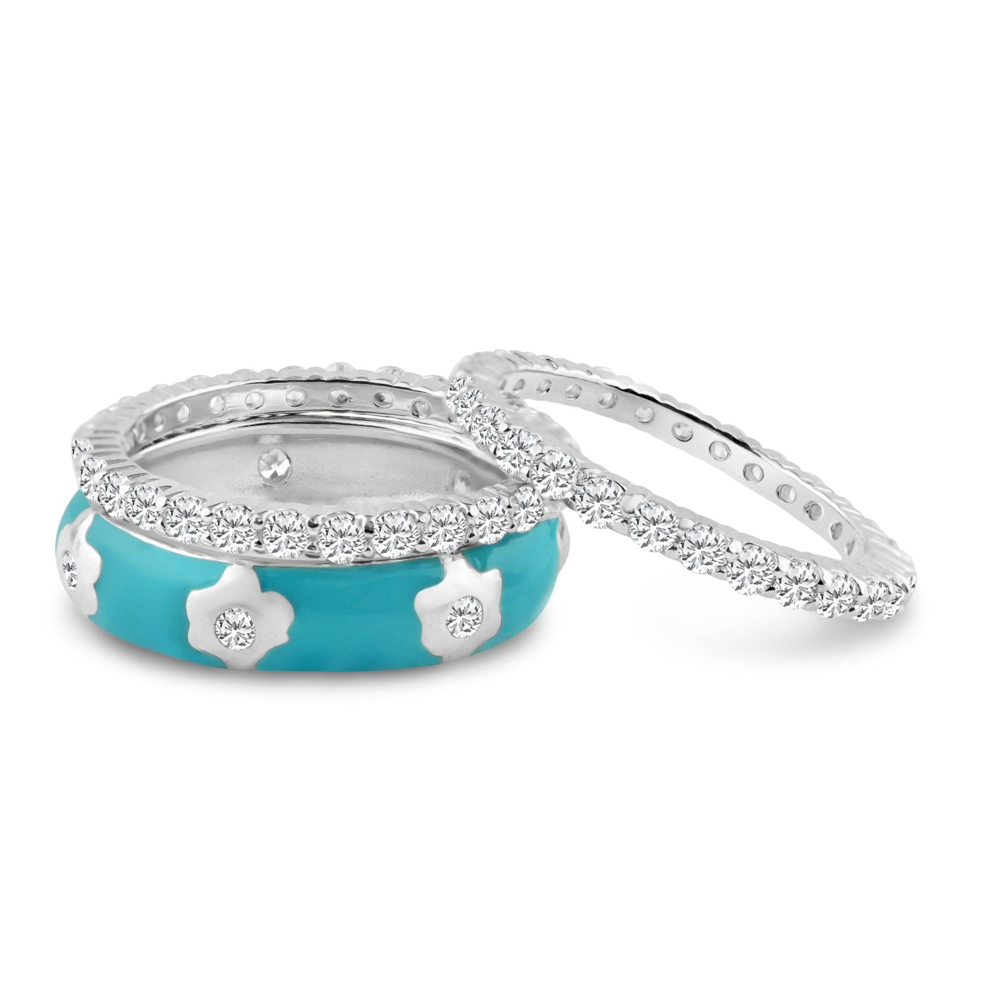 Silver 925 Rhodium Plated Blue Enamel CZ Flower Stackable Ring Set - STR00553