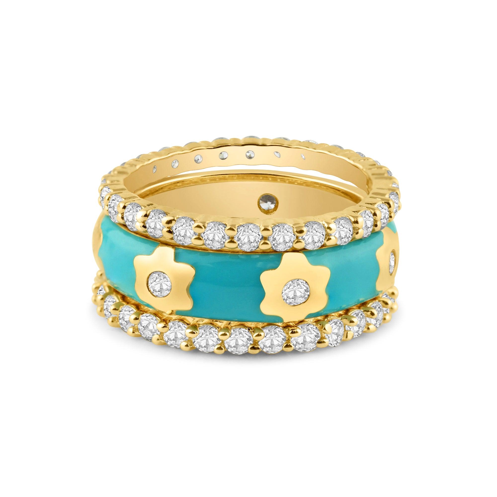 Silver 925 Gold Plated Blue Enamel CZ Flower Stackable Ring Set - STR00554