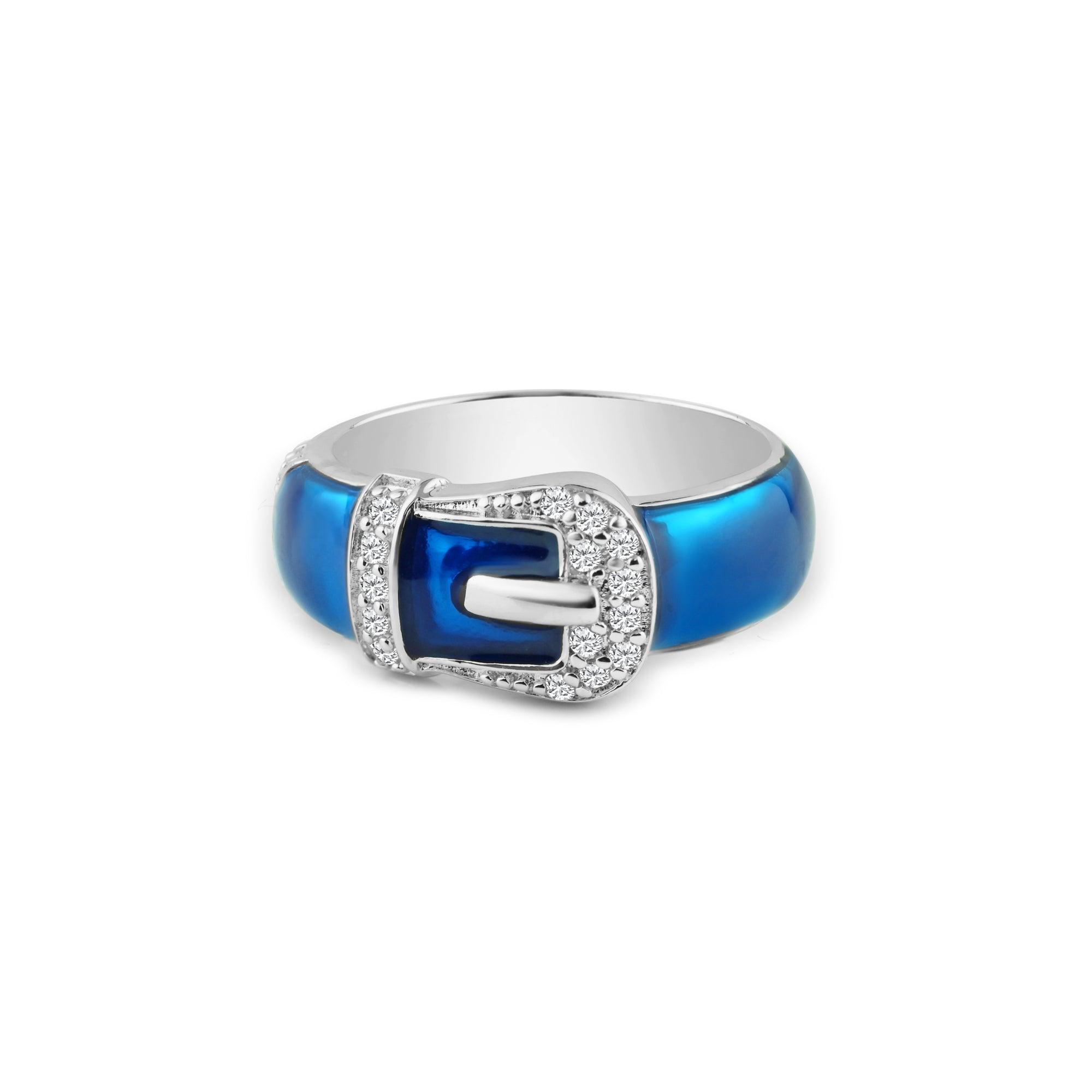 Silver 925 Rhodium Plated Blue Enamel CZ Belt Buckle Ring - STR00614